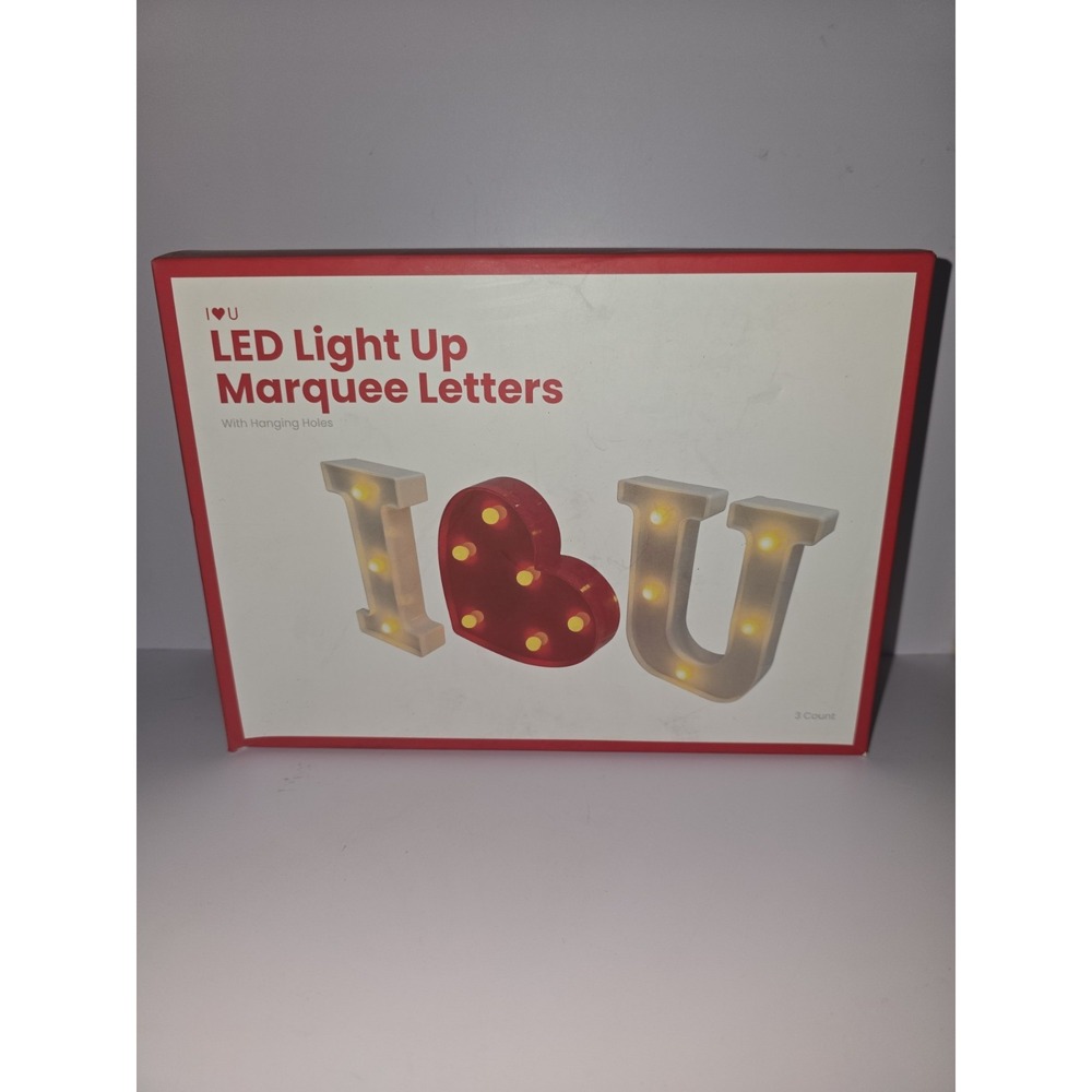 'I Love You' LED Light Up Marquee Letters with Hanging Holes-White, Red Heart